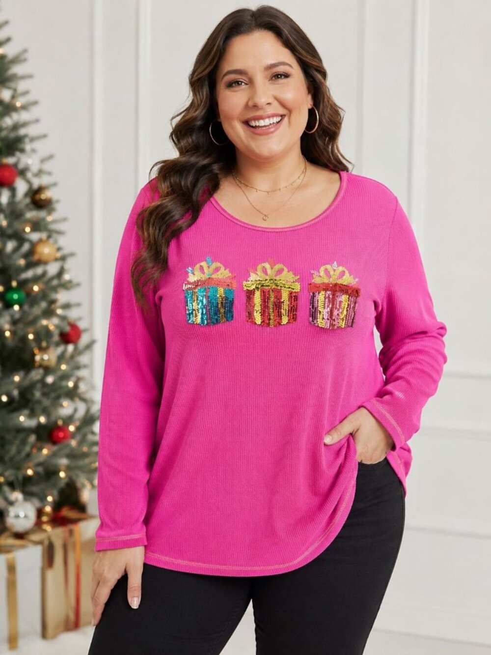 Quacker Factory Glitter Holiday Embellished Waffle Long Sleeve Top sequins Sz 1X